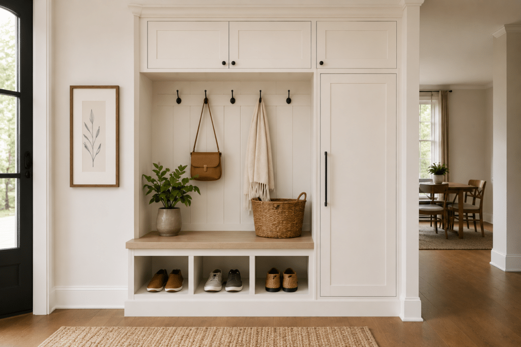 Farmhouse style white cabinetry in a home's side entrance that includes seating, open and closed storage and hanging hooks. 