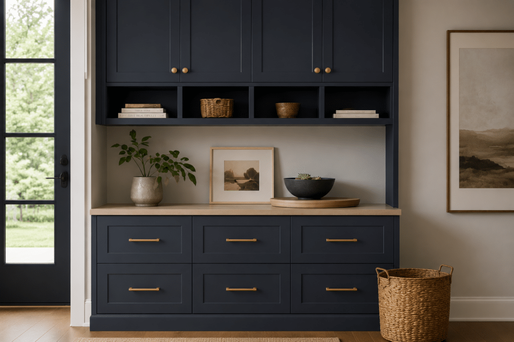 Home management and family command center cabinetry with storage, file drawers, cubbies, and counter space in navy blue. 